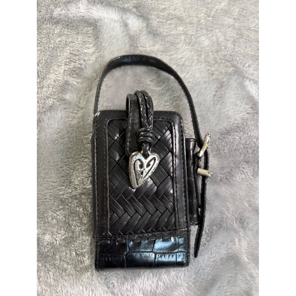 Brighton Westcott Black Leather Woven Croc Crossbody Cell Phone Bag Silver Heart
